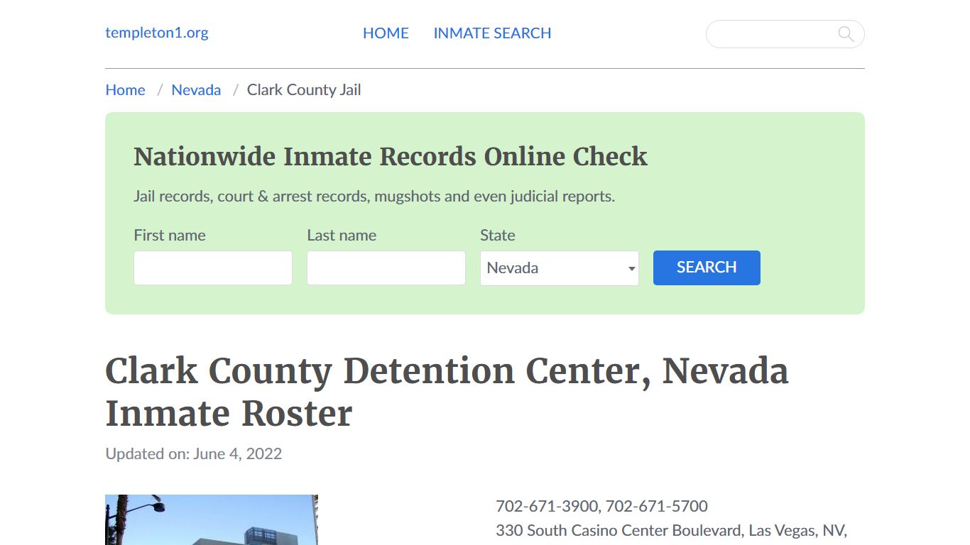 Clark County Detention Center, Nevada Inmate Roster - Templeton